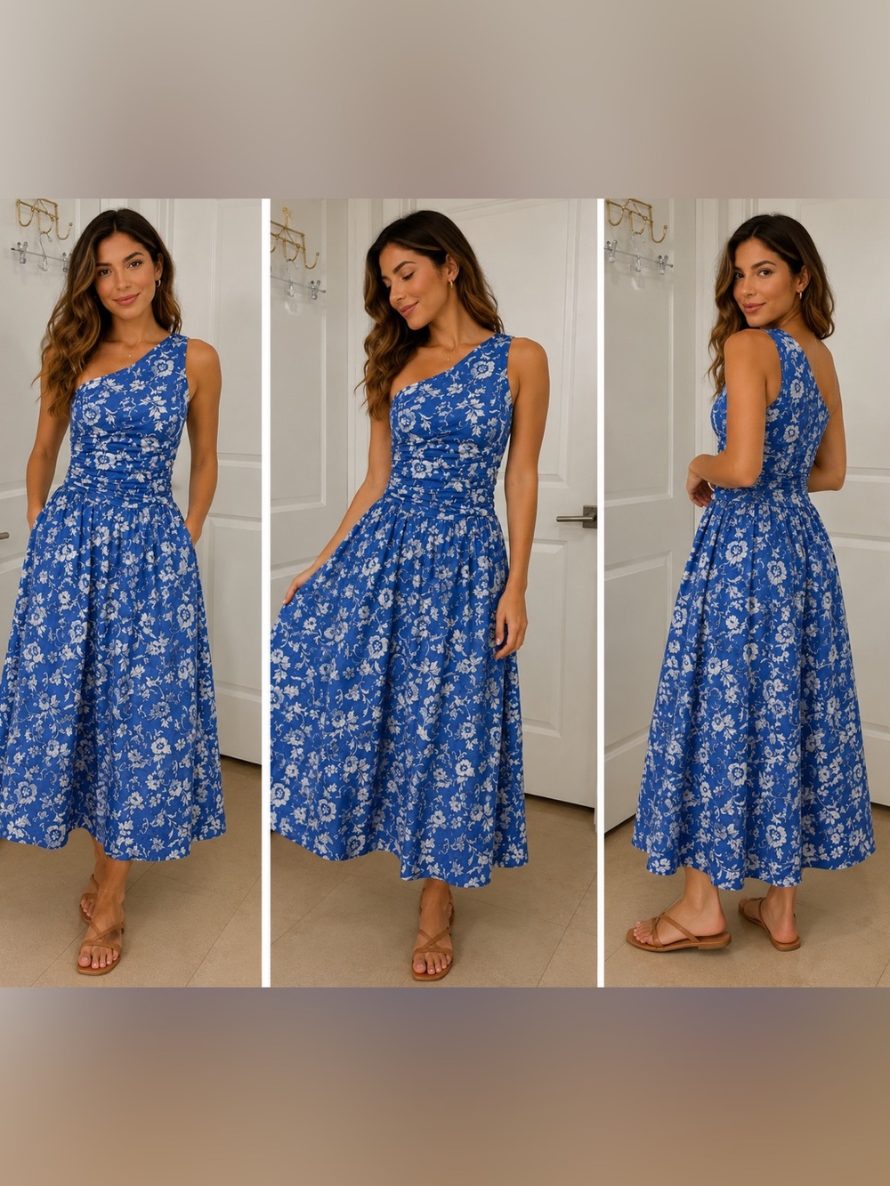 Abercrombie & Fitch Royal Blue One-Shoulder Floral Midi Dress
